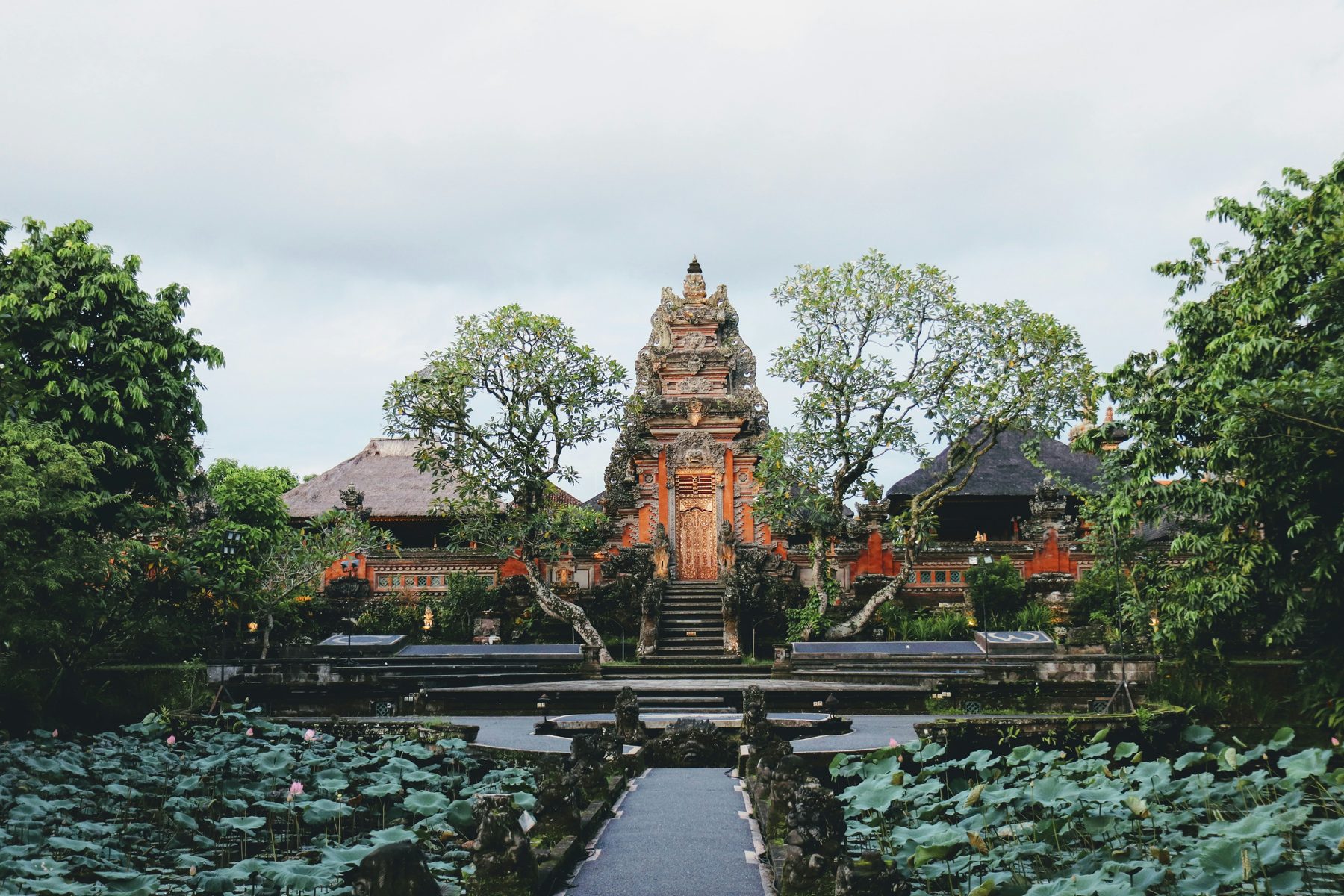 A Balinese temple with a lotus pond in Ubud, Bali